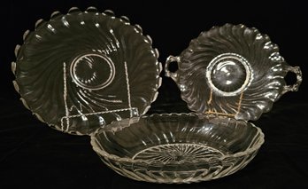 Fostoria Colony Clear Swirl Pickle Dish, Serving Plate And A Torte Plate