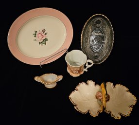 A Collection Of Vintage Dishes Incl. Pink Milk Glass, Porcelain Two Section Rose Dish And More