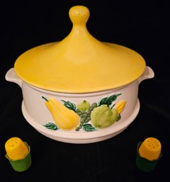 Cute Yellow Lidded With Fruit Design Dish W Fun Plastic Corn Salt And Pepper Shakers