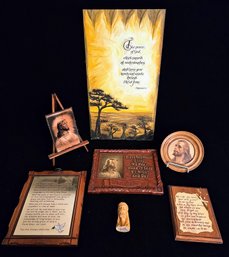 An Assortment Of Religious Decor Incl. Hand Carved Jesus Head, The Pastors Study, Philippians 4:7 And More