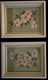 2 Adorable Floral Needlepoint Panels In White And Gold Wood Frame