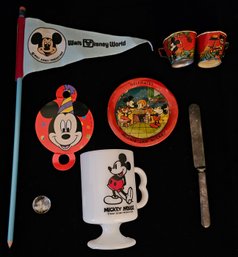 Two 1930's Tin Tea Cup With Mickey Mouse, Marble, Milk Glass Mug, Tin Saucer, Butter Knife And More
