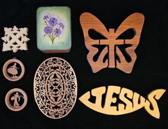 An Assortment Of Wooden Home Decor Incl. A Jewelry Box, Butterfly, Jesus Fish, Marlow Woodouts And More