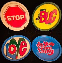 4 Fun Vintage Tin Plates Incl. Don't Bug Me, Stop, Love And More