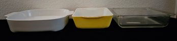 Vintage Yellow Small Pyrex Casserole Dish, Corning Ware, And A Clear Square Pyrex Baking Dish