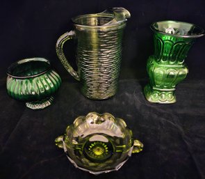 4 Pieces Of Green Vintage Dishes Incl. Pitcher, Vase, Candy Dish And More