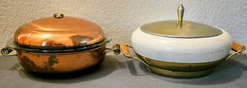 Northington Ceramic Bowl With Carrier And Lid With A Copper Pot With A Glass Pyrex Bowl Insert