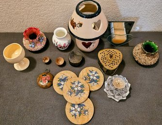 A Collection Of Vintage Home Decor Incl. A Vase Made With Rocks From The Black Hills, Tea Lamp, Coasters