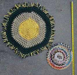 Large Green And Yellow Round Crocheted Doily And A Hand Tied Round Decoration
