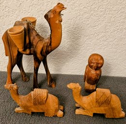 A Trio Of Olive Wood Camels  From The Holy Land And An  Owl