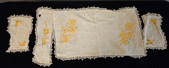 Linen Hand Embroidered Dresser Scarf With Matching Doilies