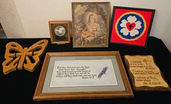 A Collection Of Religious Art Incl. Wooden Butterfly, Needlepoint, And More