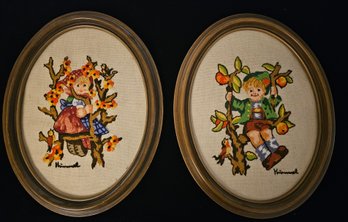 2 Vintage Hummel Crewel Embroidery In Frames