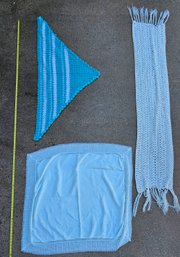 Knitted  Blue And White Shawl, White Baby Blanket And Scarf