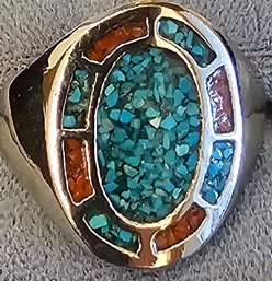 Vintage Silver Turquoise Coral Chip Inlay Ring (tested For Sterling But Not Stamped) Size 11.75