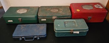 5 Metal Tool Boxes Filled With Various Hardware