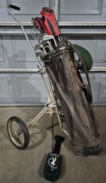 Vintage Sears Golf Caddy With Assortment Of Golf Clubs Incl Wilson Wooden Clubs, Golfcraft & More