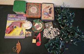 Christmas Decor Incl Metal Tins, Small String Lights & More