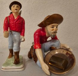 2 Porcelain Men Figurines With Red Shirts Marked Japan & Miniature 24k Gold Plated Brick