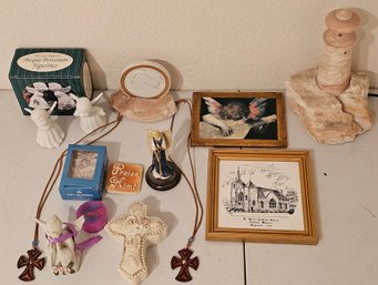 Religious Home Decor Incl Wooden Plaque, Trinket Box, Figurines, Bisque Porcelain Figurines & More