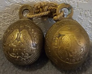 Small Antique Engraved Brass Bells For Pigs, Cows, Sheep Brand Pistol And Pigeon