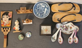 A Collection Of Vintage Oriental Decor Incl. Chinese Mini Hand Carved Wood Figures, Shoes, Trinkets And More