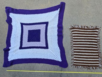 Purple And White Crocheted Square Blanket With Brown And White Dresser Scarf