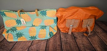 Large Burnt Orange Leather Purse With A Canvas Pineapple Tote Bag