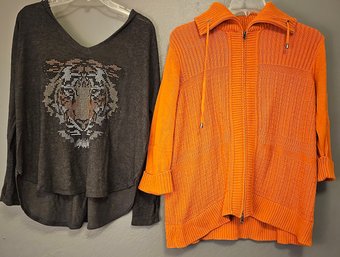 Cute Bedazzled Tiger Long Sleeve Shirt And An Orange C.J. Banks Zip-up Sweater Size M