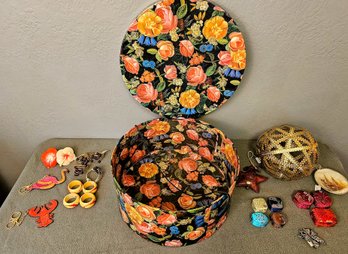 Cute Floral Hat Box With Small Decorative Trinket Boxes, Napkin Rings, Gold Decorative Ball And More