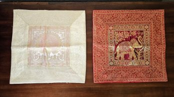 2 Beautiful Throw Pillow Tapestries From Spain Incl. Burgundy And Gold Elephant And Cream, Gold And Pink