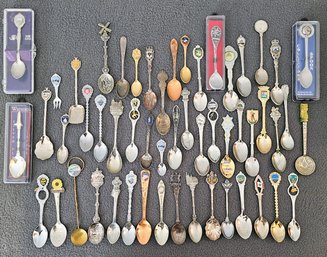 A Collection Of Tourist Spoons Inc. Silverplate, Copper, Nickel Silver, Stainless Steel And An Alpaca Mexico