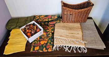 An Assortment Of Fall Tablecloths, Cloth Napkins Table Runners, Vase Fillers And A Basket