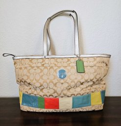 Cloth Coach Tote Bag With Multi- Colored Leather Patching