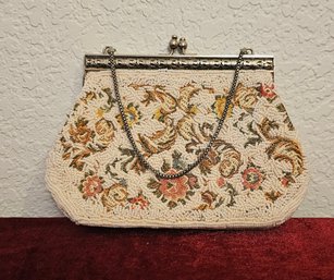 Antique Silver Toned Frame Floral Tapestry Beaded Purse With Metal Strap