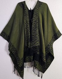 Nice Green And Black Shawl With Buttons And Fringe