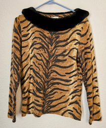 Vintage Animal Print Long Sleeve Shirt With Faux Fur Neck By Gianna By Argentina