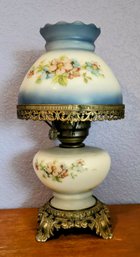 Pretty Vintage Blue And White Floral Hurricane Double Bulb Lamp