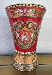 Oriental Style Floral Vase With Red, Green & Yellow Accents