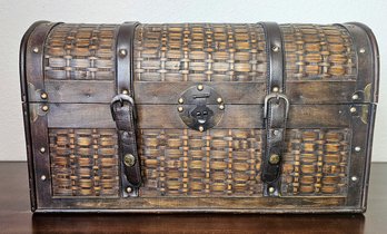 Brown Wooden/raton Trunk With Leather Buckles And Metal Embellishments