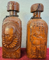 Pair Of Glass Decanters With Decorative Brown Wrapping