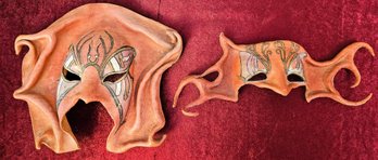 Pair Of Decorative Leather Masks With Hand Painted Design, Signed & Dated By Artist