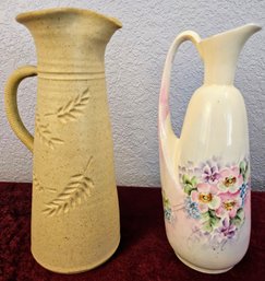 2 Pitchers Incl 1 Ceramic Floral Design & 1 By Polly Made In Boulder Co