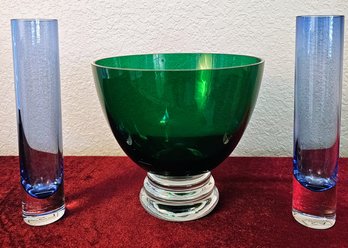 Decorative Glass Incl 1 Green Glass Bowl & 2 Blue Stem Vases