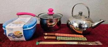 Fantastic Kitchen Lot Incl Stainless Steel Tea Kettle, Bento Salad Box, Chopsticks & 2qt Potobelo Pot