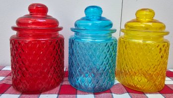 3 Colorful Lidded Glass Jars Incl Blue, Red & Yellow