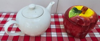 White Ceramic Teapot & Cute Apple Jar