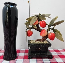 Home Decor Incl Stone Bonsai Tree & Black Ceramic Vase