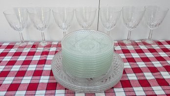 Cut Glass Dining Set Incl 4 Salad Plates, 11 Saucers & 6 Stemmed Glasses