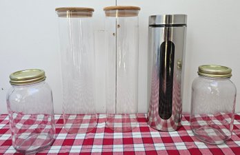 3 Glass Canisters Incl 1 With Stainless Steel Cover & 2 Quart Size Mason Jars